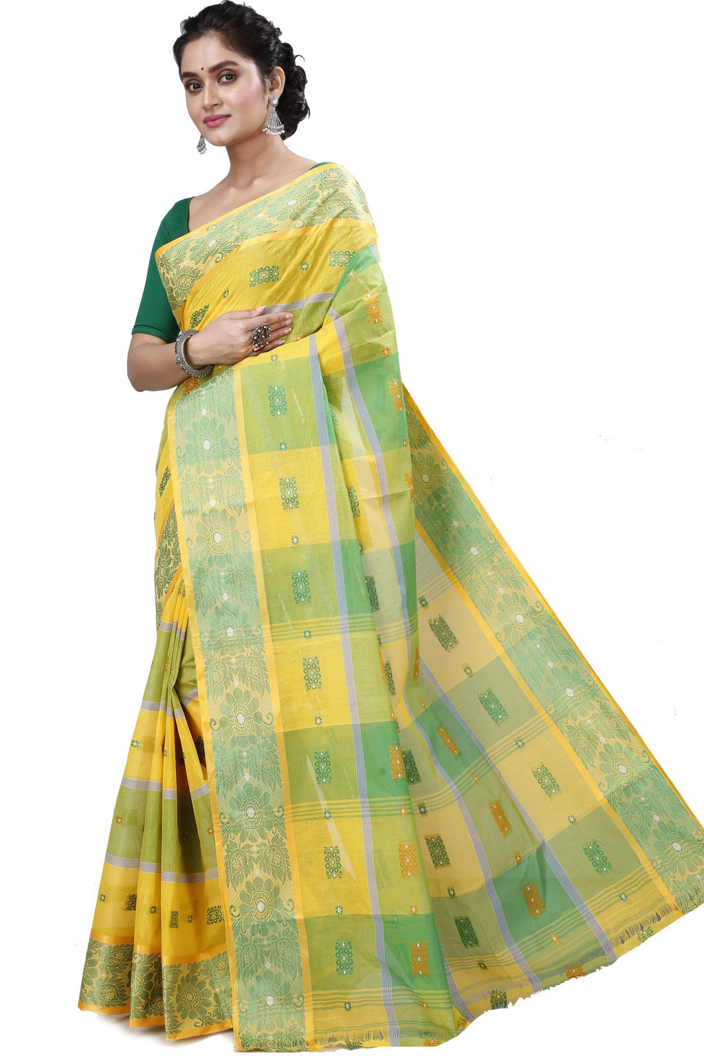Yellow Green Pure Cotton RajSahi Tant Saree (953)